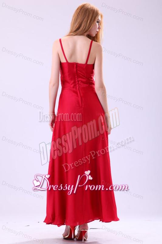 2014 Column Straps Ankle-length Beading Red Chiffon Prom Dress