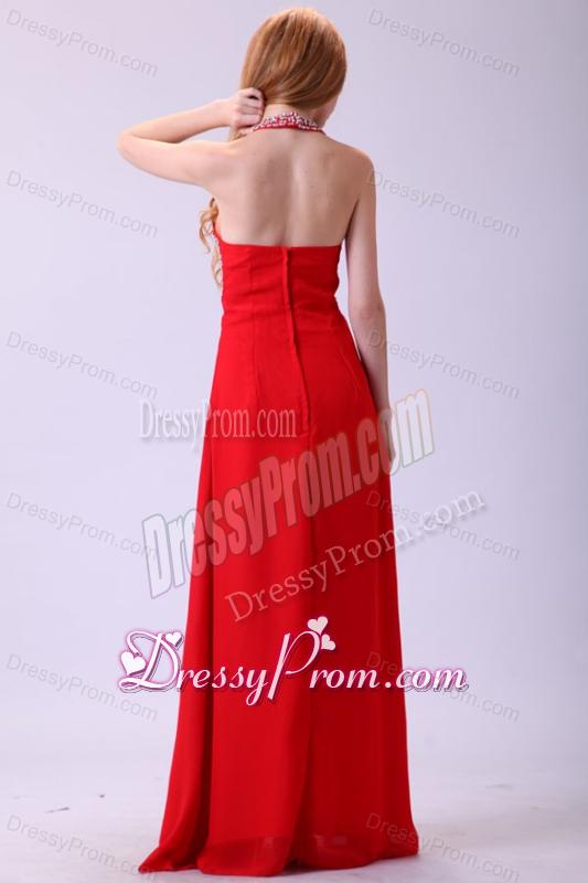 2014 Empire Halter Beading Red Chiffon Floor-length Prom Dress