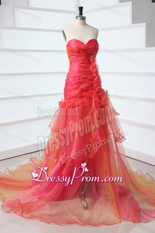 A-line Sweetheart Red Court Train Organza Beading Prom Dress