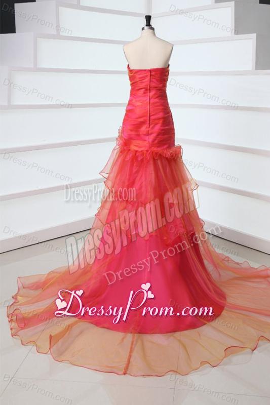 A-line Sweetheart Red Court Train Organza Beading Prom Dress