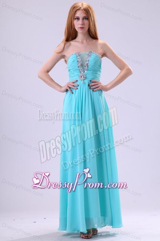 Aqua Blue Chiffon Strapless Empire Prom Dress with Beading