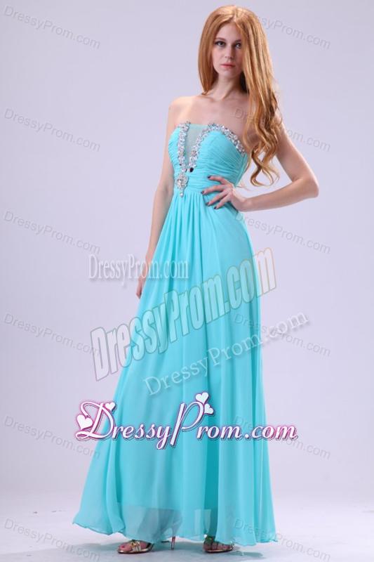 Aqua Blue Chiffon Strapless Empire Prom Dress with Beading