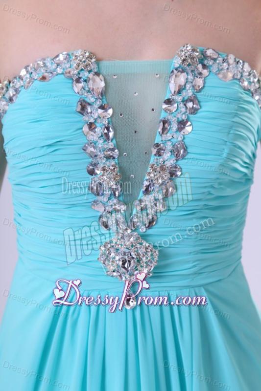 Aqua Blue Chiffon Strapless Empire Prom Dress with Beading