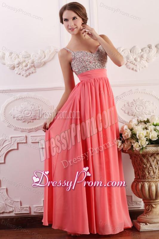 Beaded Decorate Brust Straps Empire Chiffon Watermelon Prom Dress
