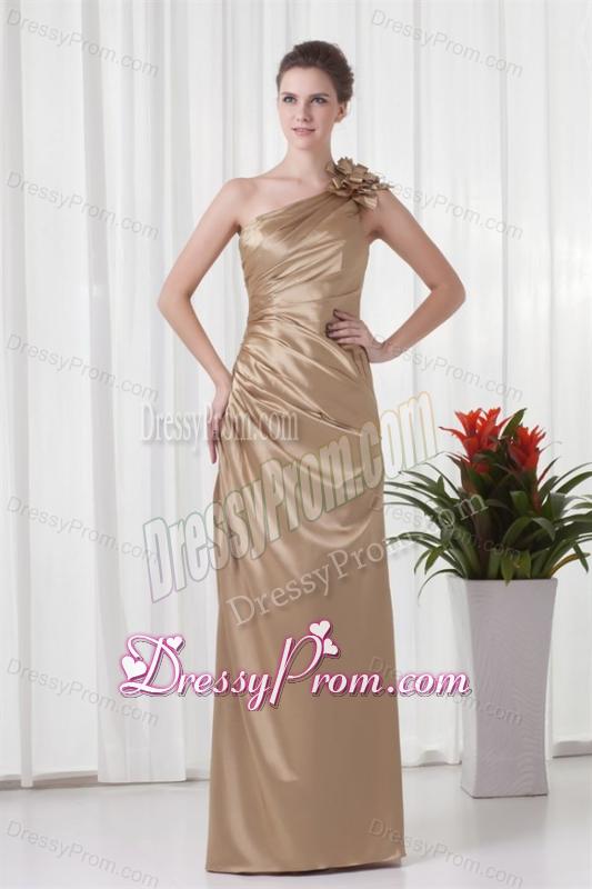 Champagne Column One Shoulder Taffeta Hand Made Flowers Prom Dress