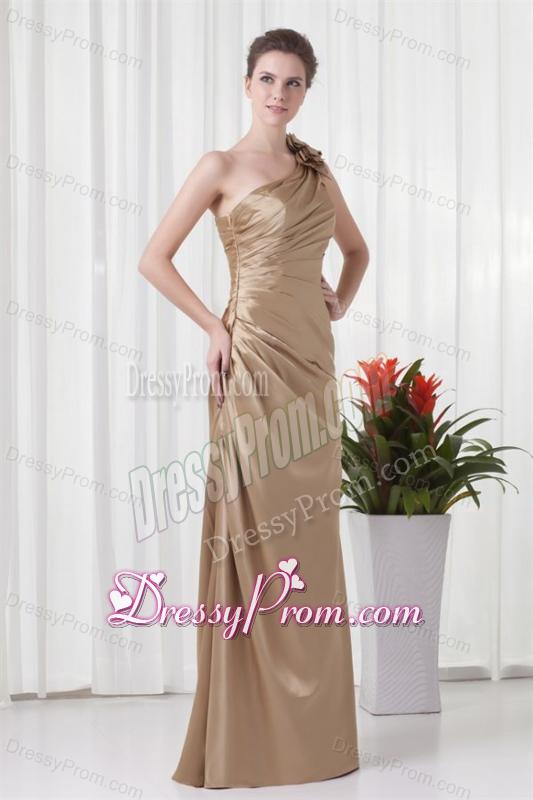 Champagne Column One Shoulder Taffeta Hand Made Flowers Prom Dress