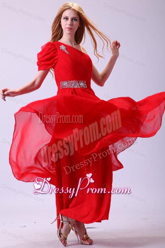 Chiffon Simple Empire One Shoulder Beading Short Sleeves Red Prom Dress