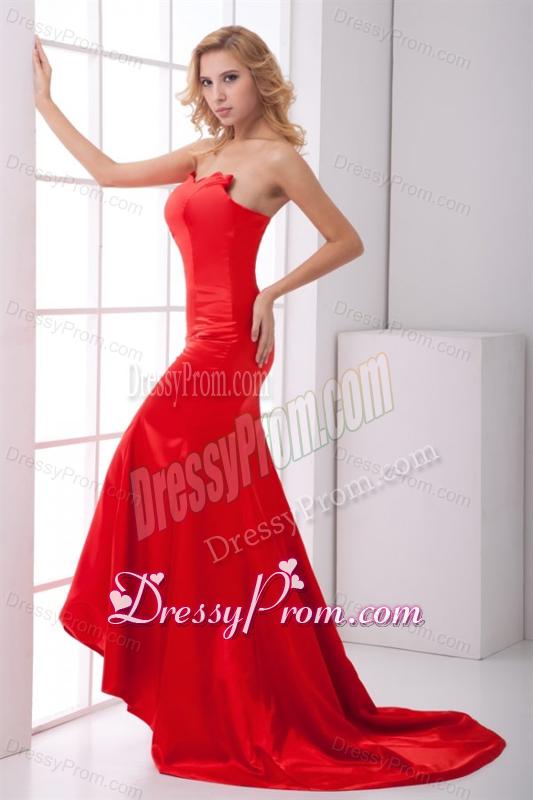 Column Sweetheart Red Brush Train Ruching Prom Dress