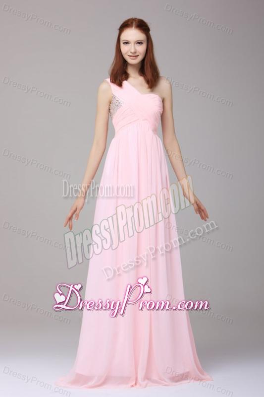 Empire One Shoulder Chiffon Beading Brush Train Prom Dress in Baby Pink