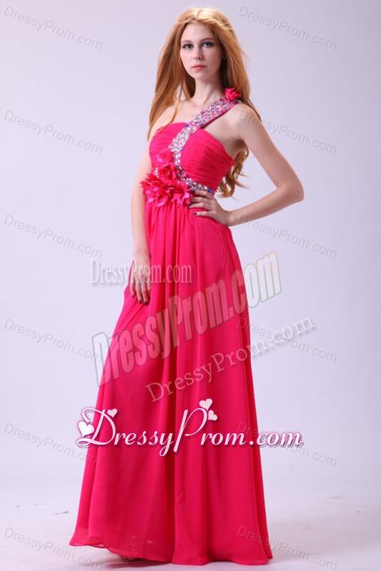 Modest Hot Pink Empire One Shoulder Floor-length Chiffon Prom Dress