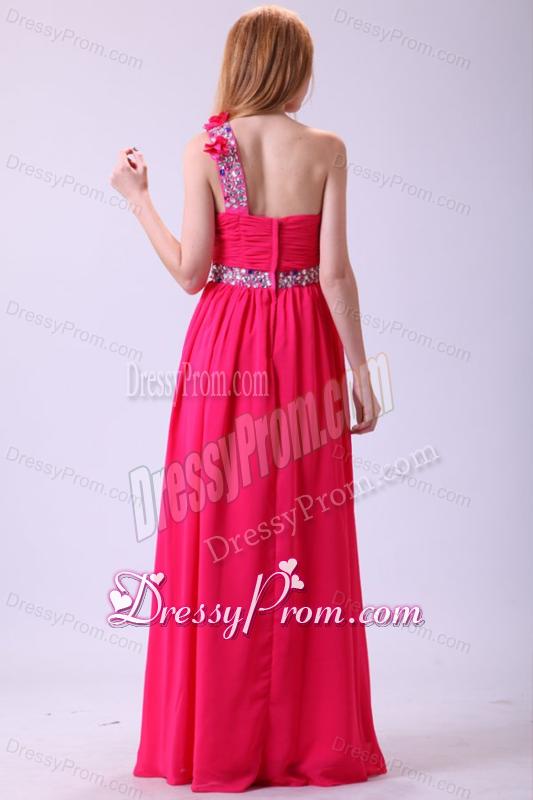 Modest Hot Pink Empire One Shoulder Floor-length Chiffon Prom Dress