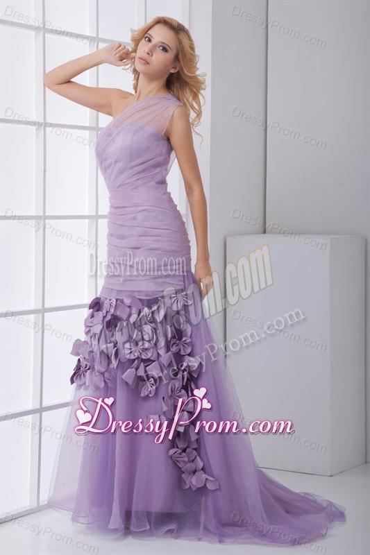 New One Shoulder Lilac Ruching Brush Train Organza Prom Dress with Side Zipper