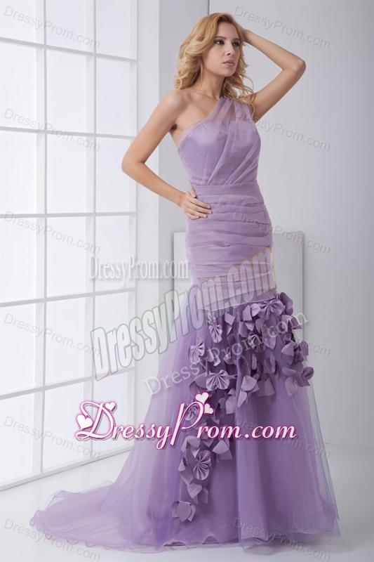 New One Shoulder Lilac Ruching Brush Train Organza Prom Dress with Side Zipper