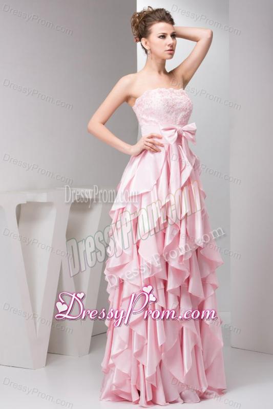 Pretty Empire Strapless Floor-length Taffeta Ruffles and Bowknot Pink Prom Dress