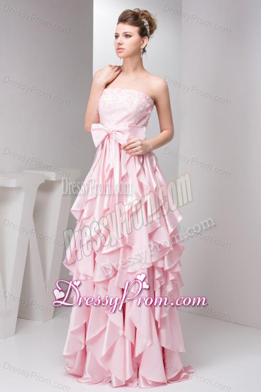 Pretty Empire Strapless Floor-length Taffeta Ruffles and Bowknot Pink Prom Dress