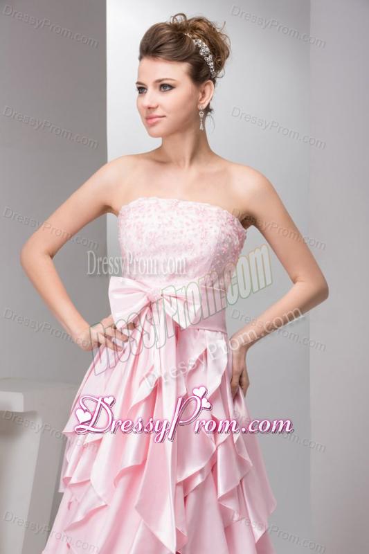 Pretty Empire Strapless Floor-length Taffeta Ruffles and Bowknot Pink Prom Dress