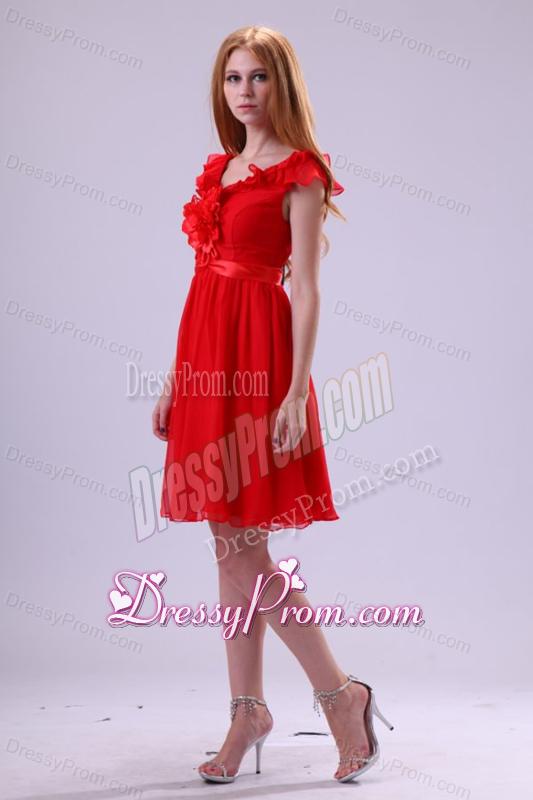 Red A-line V-neck Prom Dress with Flowers Knee-length
