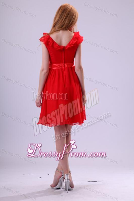 Red A-line V-neck Prom Dress with Flowers Knee-length