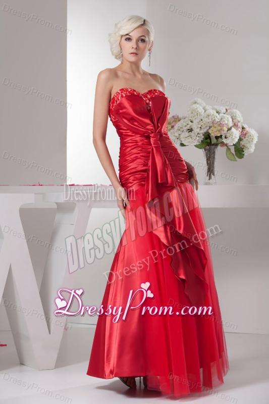 Red Sweetheart Column Floor-length Ruching Taffeta Prom Dress