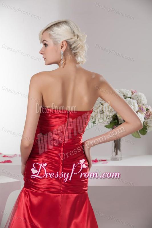 Red Sweetheart Column Floor-length Ruching Taffeta Prom Dress