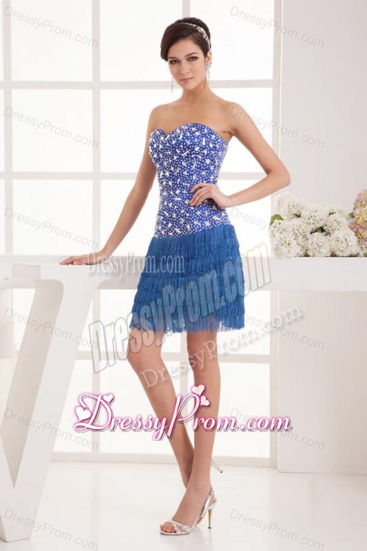 Sweet Blue Column Sweetheart Mini-length Beading Organza Prom Dress