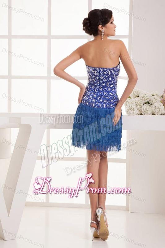 Sweet Blue Column Sweetheart Mini-length Beading Organza Prom Dress