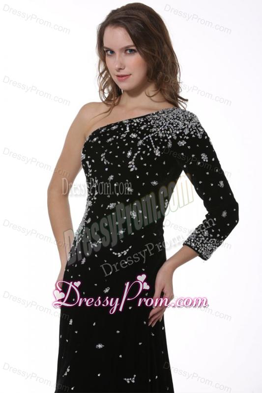 Black Beaded High Slit One Shoulder Prom Dress with 3/4 Length Sleeves