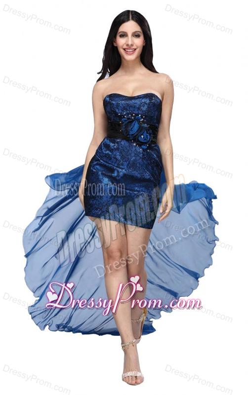 Column Royal Blue Strapless Lace Beading High-low Prom Dress