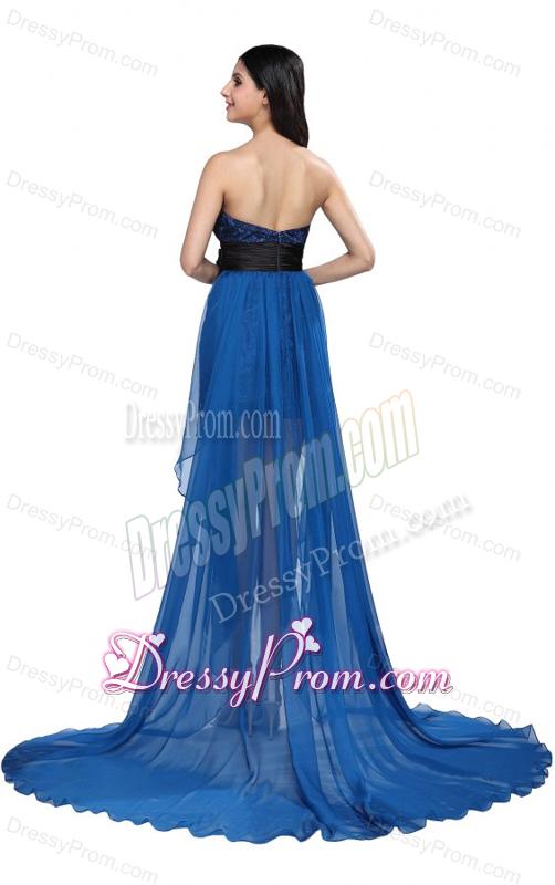 Column Royal Blue Strapless Lace Beading High-low Prom Dress