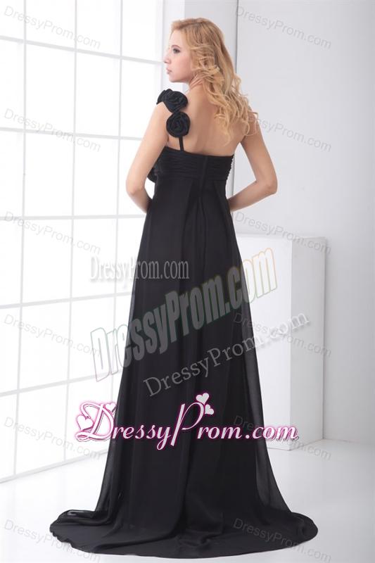 Black Empire One Shoulder Floor-length Hand Made Flowers Chiffon Prom Dress