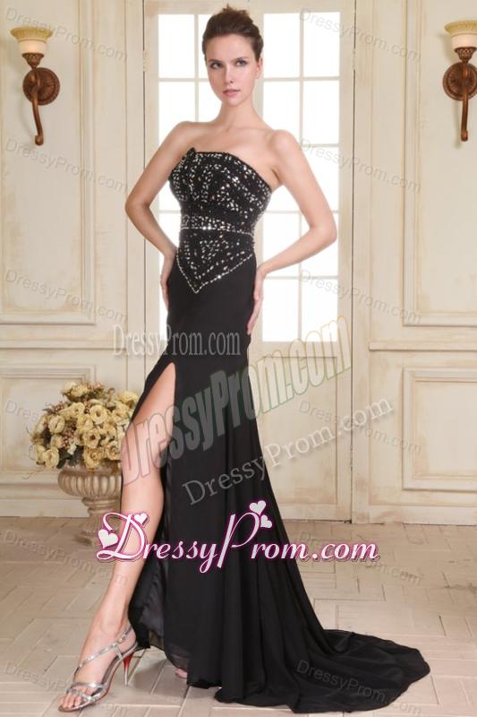 Black Strapless Beading and High Silt Empire Sweep Train Prom Dress