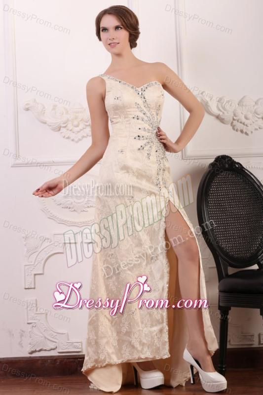 Champagen Column One Shoulder Beaded High Slit Prom Dress