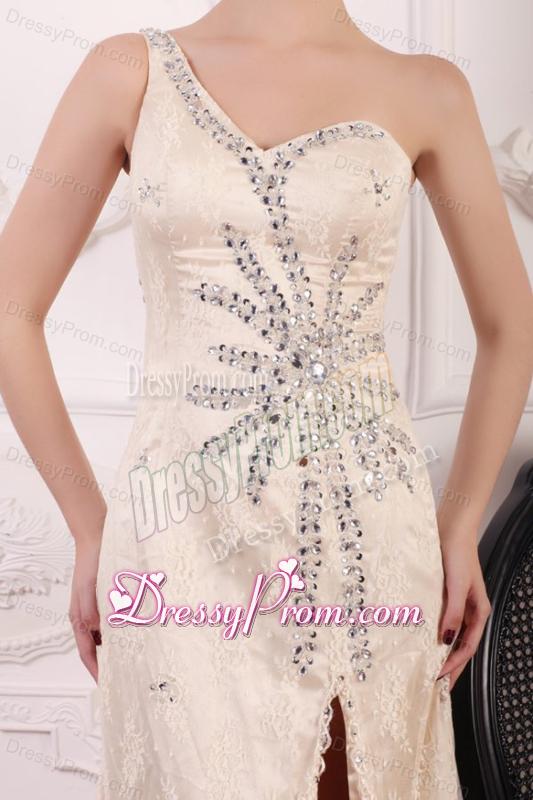 Champagen Column One Shoulder Beaded High Slit Prom Dress