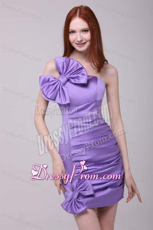 Column Lavender Strapless Bows Mini-length Prom Dress