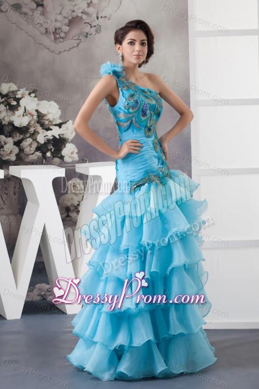 Mermaid One Shoulder Blue Appliques and Ruffled Layers Orange Prom Dress