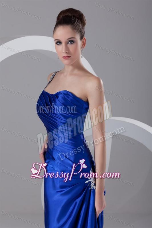 Simple Column One Shoulder Floor length Appliques and Ruching Blue Prom Dress