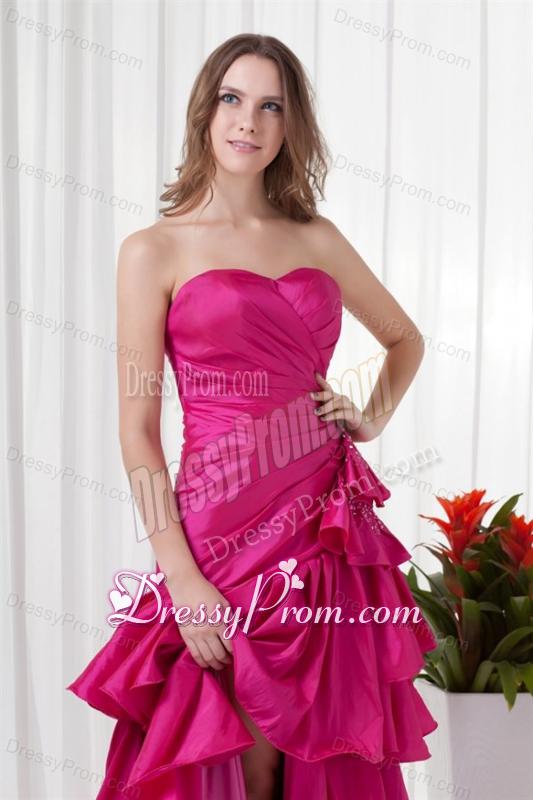 A-line Sweetheart Fuchsia High Low Ruching Bowknot Taffeta Prom Dress