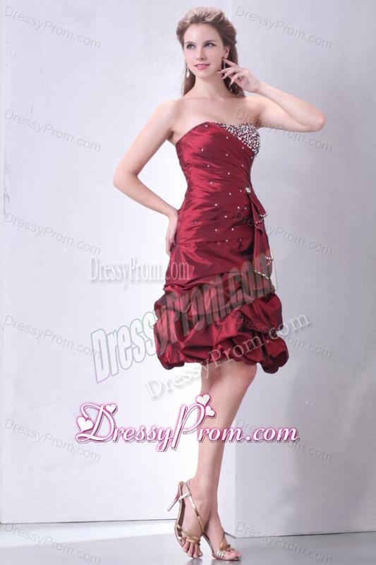 Burgundy A-line Strapless Prom Dress with Beading and Pick-ups