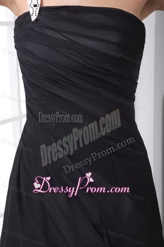 Column Black One Shoulder Ankle-length Chiffon Ruching Prom Dress