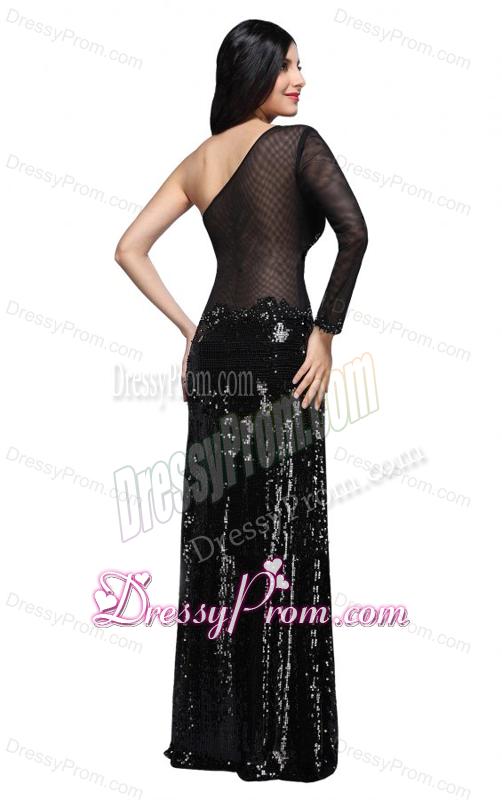 Column Black One Shoulder Long Sleeves Sequins High Slit Prom Dress