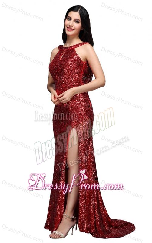 Column Scoop Wine Red Sequins High Slit Brush Train Prom Dress