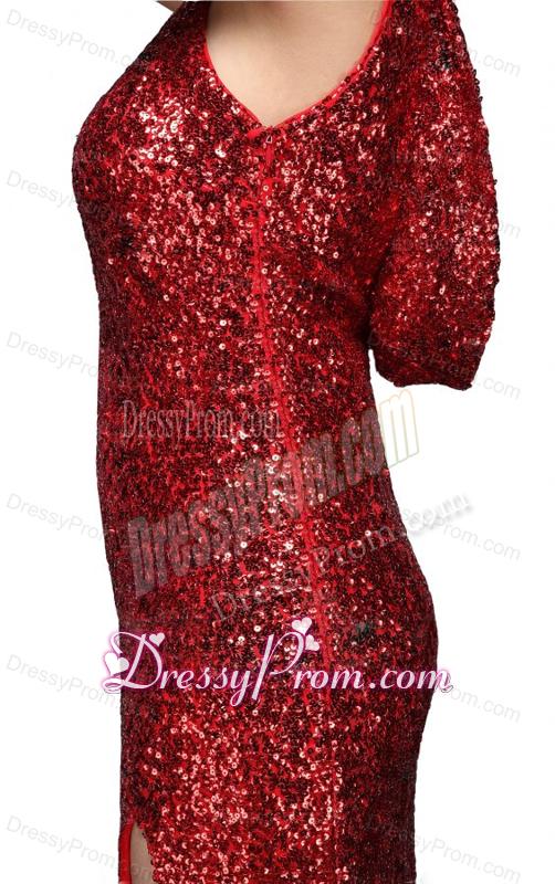 Column Scoop Wine Red Sequins High Slit Brush Train Prom Dress