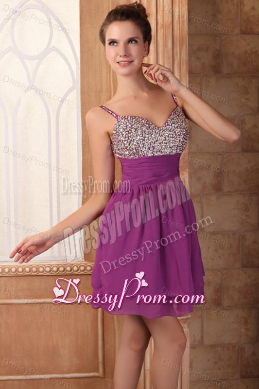 Fuchsia Short Mini-length Spaghetti Straps Prom Dress with Beading