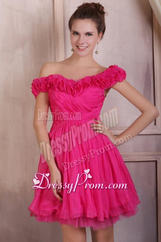 Hot Pink Short Mini-length Prom Dress with Off The Shoulder Flowers