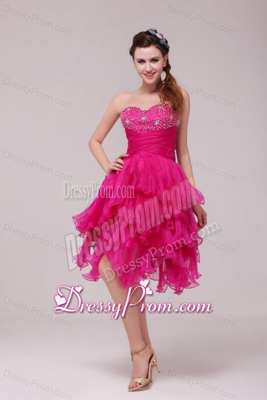 Hot Pink Sweetheart Beading and Ruffles Asymmetrical Prom Dress