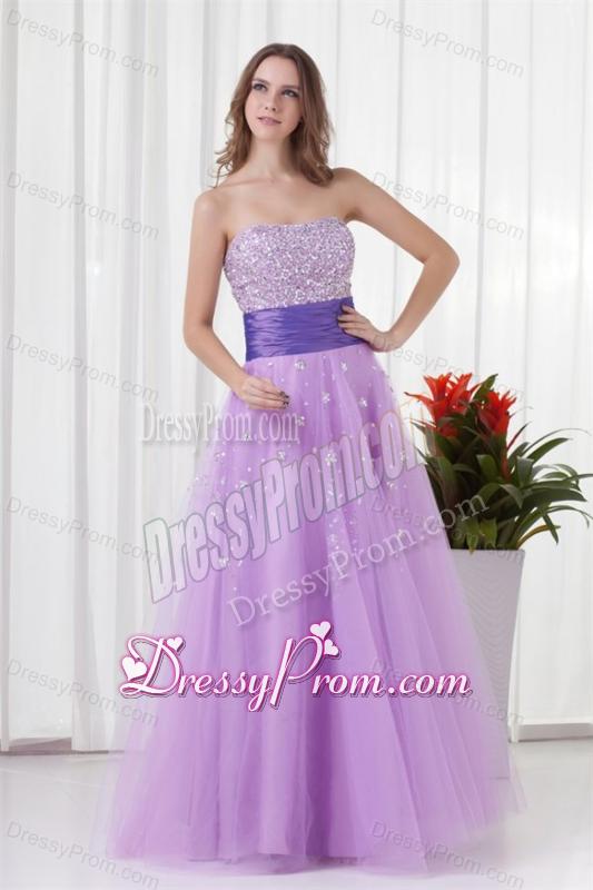 Lovely A-line Strapless Tulle Lilac Beading Prom Dress with Lace Up