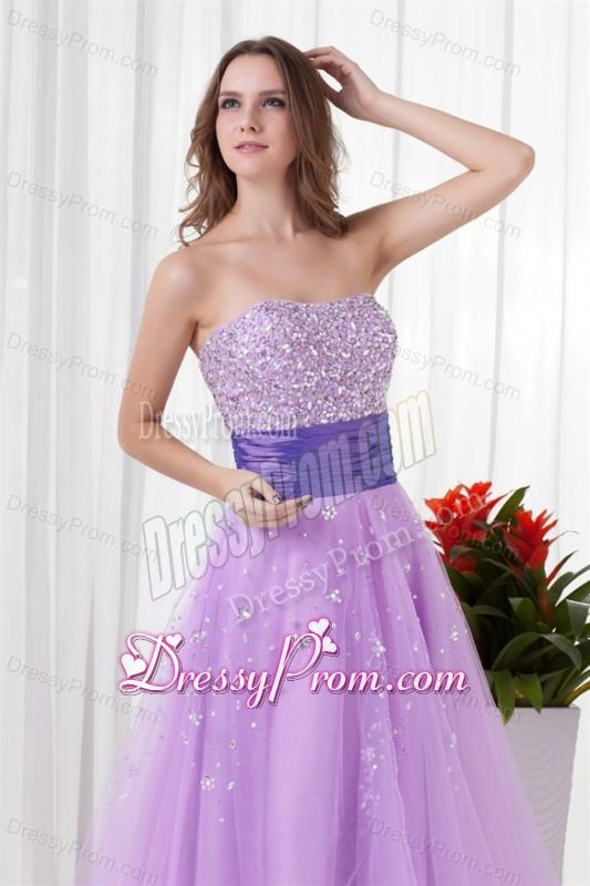 Lovely A-line Strapless Tulle Lilac Beading Prom Dress with Lace Up