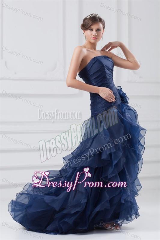 Navy Blue Strapless A-line Ruffles High-low Organza Prom Dress