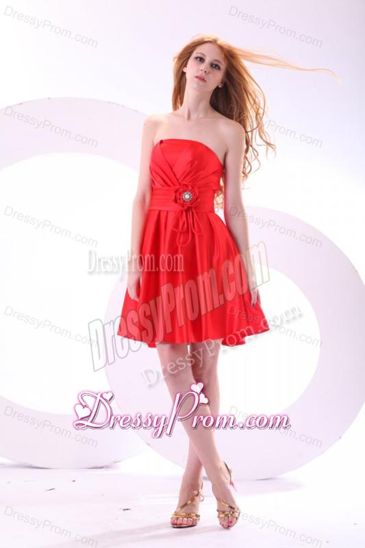 Simple Strapless A-line Mini-length Red Prom Dress with Ruching