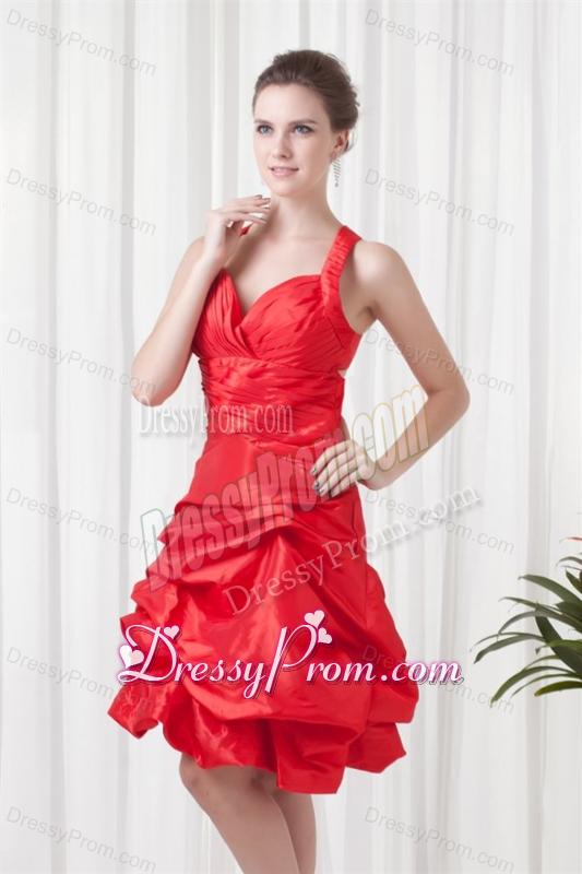 Cheap A-line Straps Knee-length Pick-ups Criss Cross Red Prom Dress
